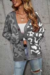 Janelle Leopard Button Up Knit Cardigan - Grey