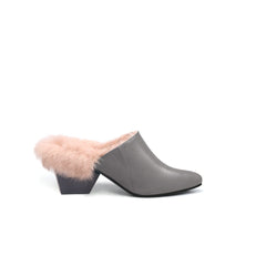 JADY ROSE | FAUX FUR LINED POINTED LEATHER MULE - GREY