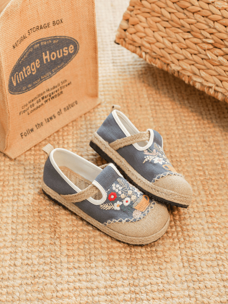 Cactus Rose | Gemma Floral Embroidered Linen Espadrilles - Grey