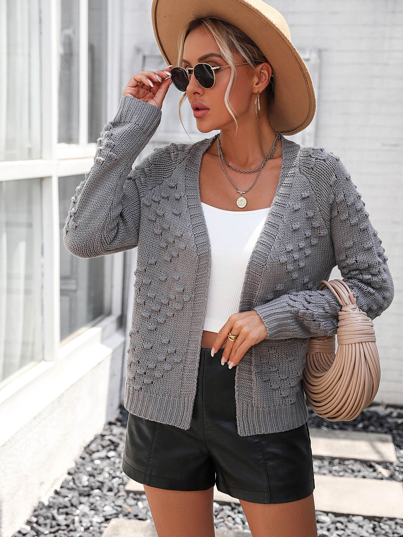 Billie Pom Open Sweater Cardigan - Grey