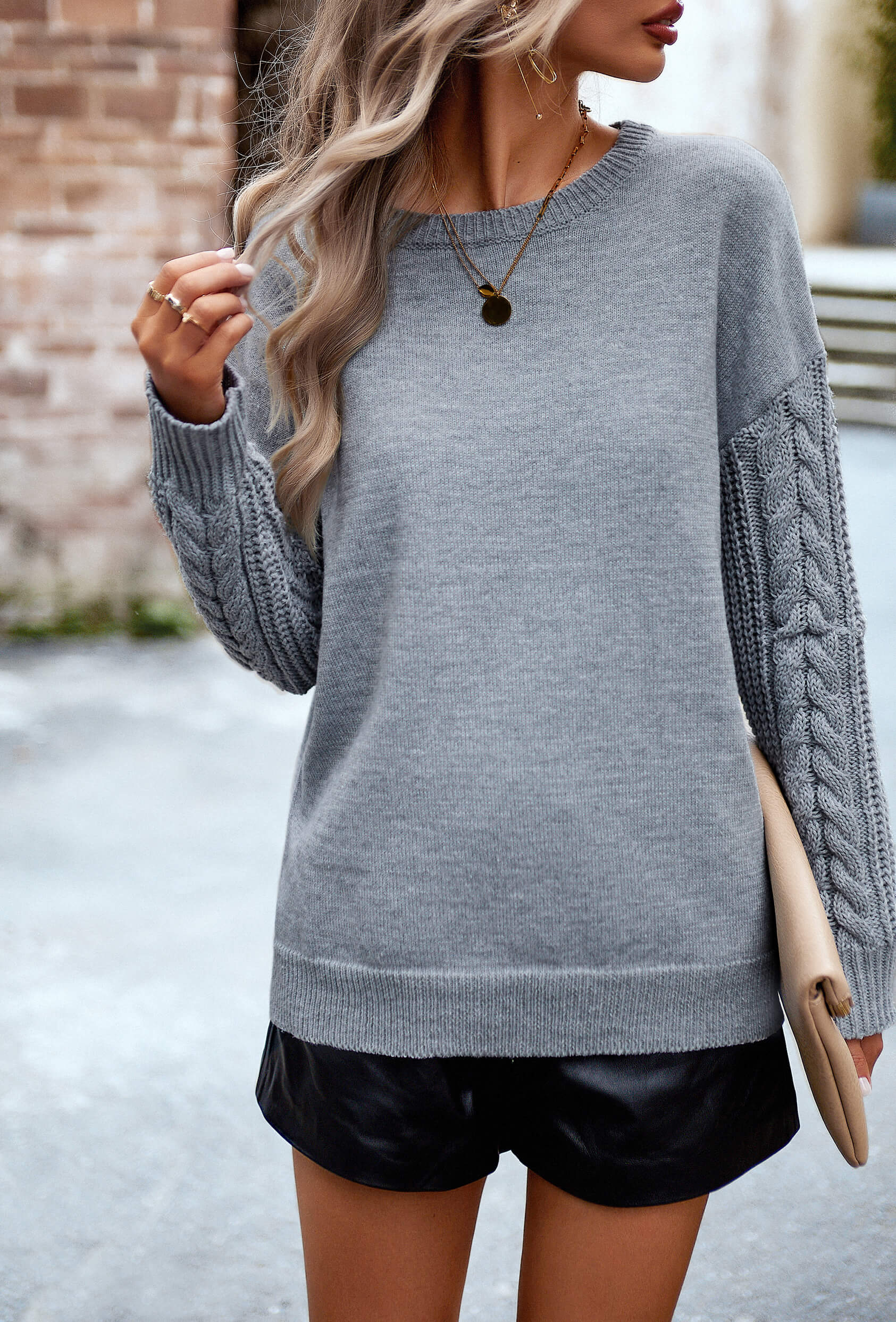 Joan Cable Sleeves Knit Pullover Sweater - Grey