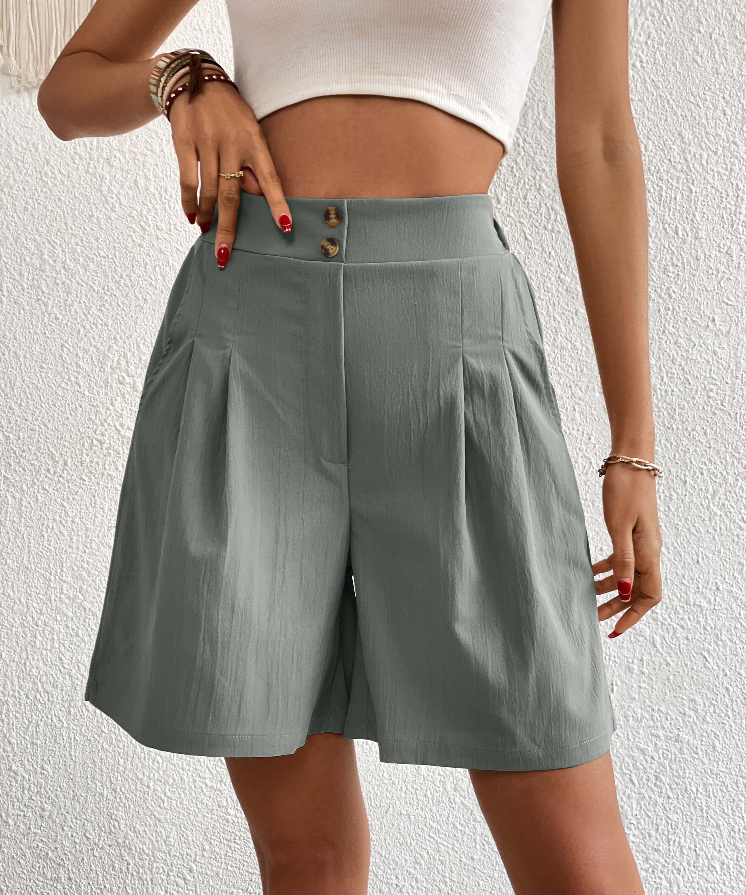 Eden Pocketed High Waist Shorts - Grey