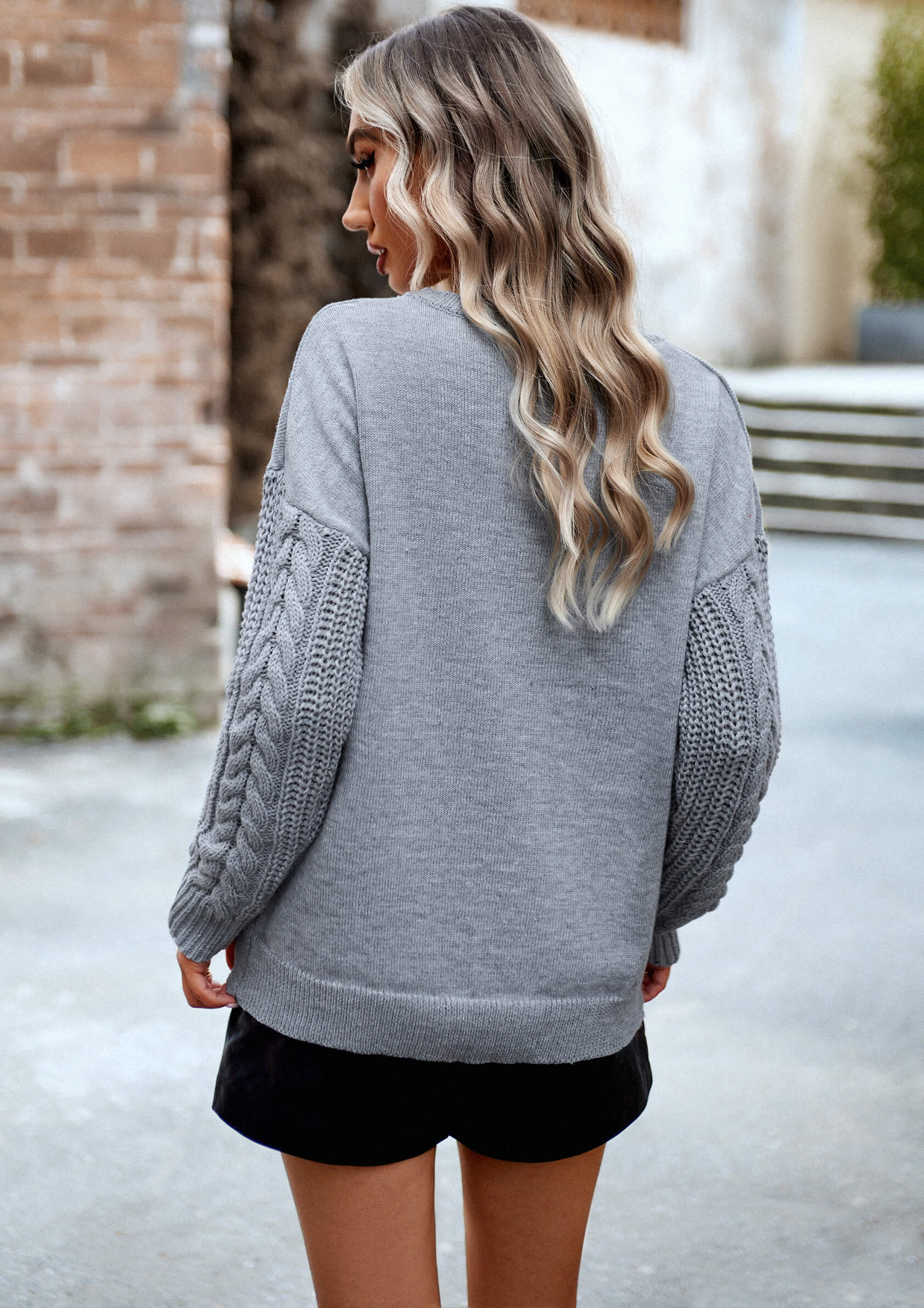 Joan Cable Sleeves Knit Pullover Sweater - Grey