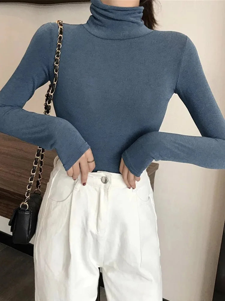 harajuku Black White Turtleneck Female T-shirts autumn Fashion Elegant Women solid Long Sleeve T shirt slim Casual basic Tee top