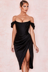 High Split Ruched Off Shoulder Satin Midi Corset Dress - Black