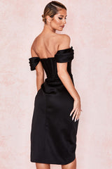 High Split Ruched Off Shoulder Satin Midi Corset Dress - Black