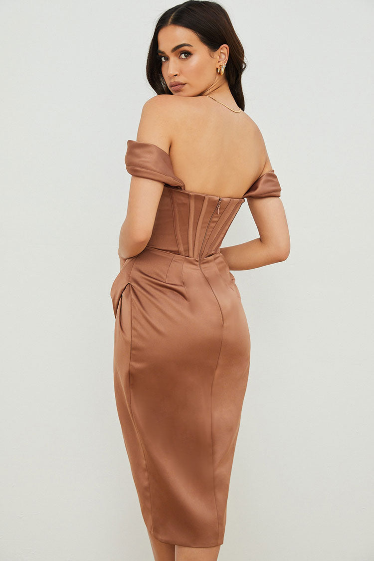 High Split Ruched Off Shoulder Satin Midi Corset Dress - Coffee