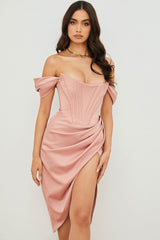 High Split Ruched Off Shoulder Satin Midi Corset Dress - Pink