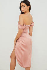 High Split Ruched Off Shoulder Satin Midi Corset Dress - Pink