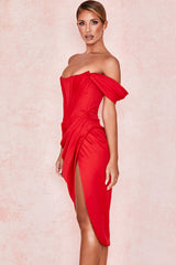 High Split Ruched Off Shoulder Satin Midi Corset Dress - Red