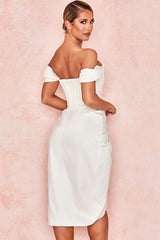 High Split Ruched Off Shoulder Satin Midi Corset Dress - White