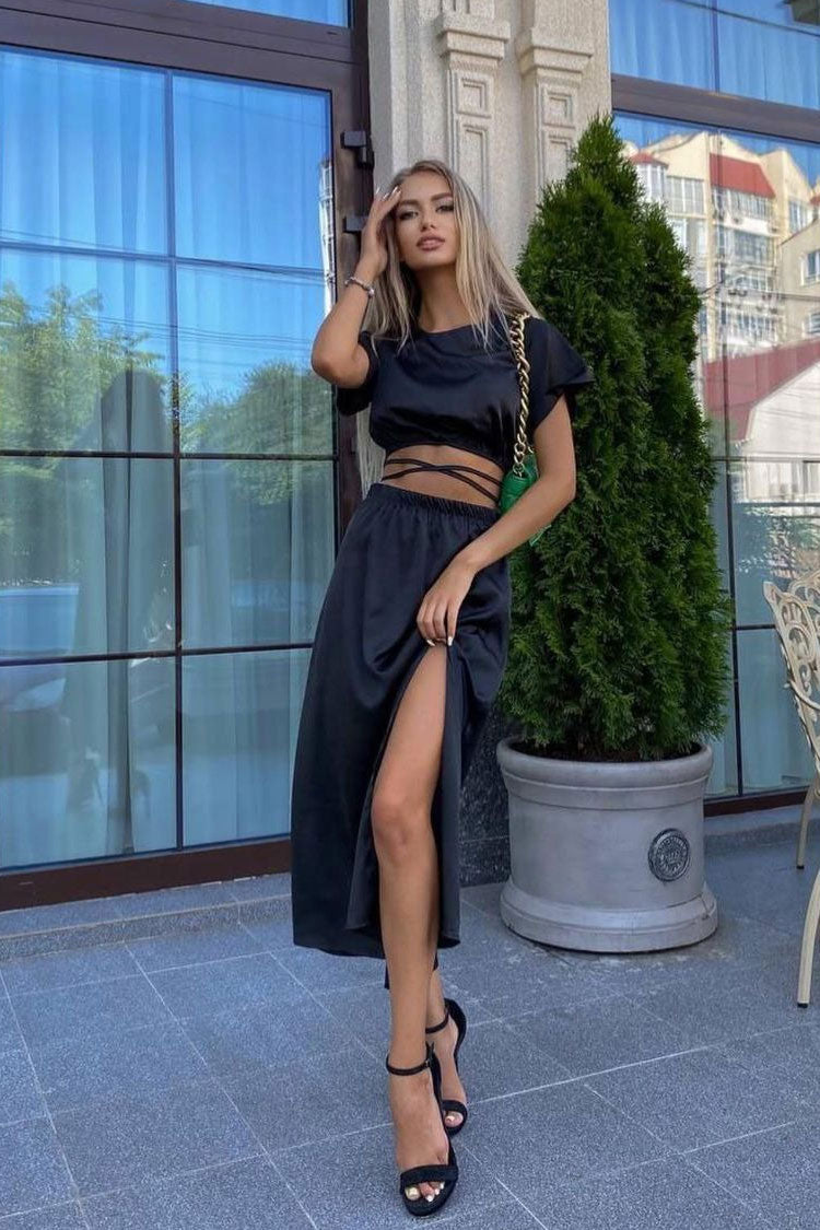 Iconic Wrapped Crop Top High Waist Split Two Piece Midi Dress - Black