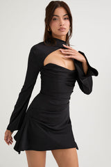 Silky Satin High Neck Long Sleeve Cutout Party Mini Dress - Black