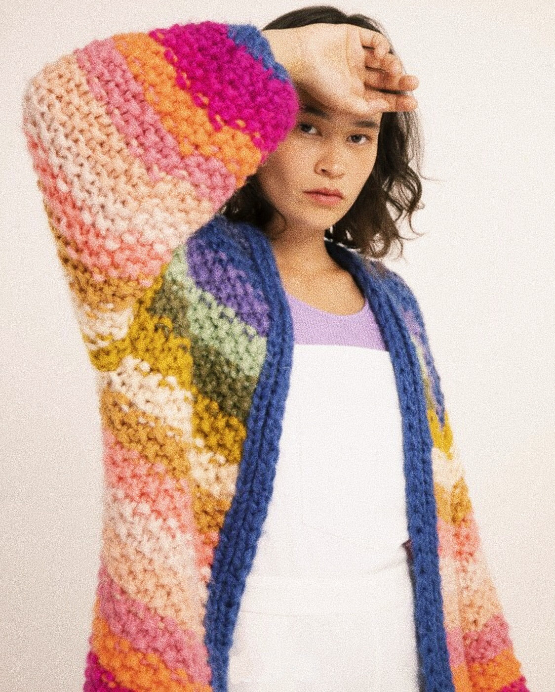 Colored Lantern Sleeve Knitted Cardigan