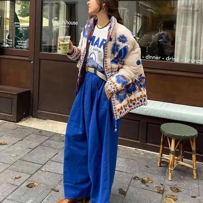 Blue Floral Print Drop Shoulder Jacket