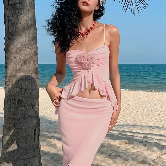 Pleated Midriff Halter Slim-Fit Slit Dress Set