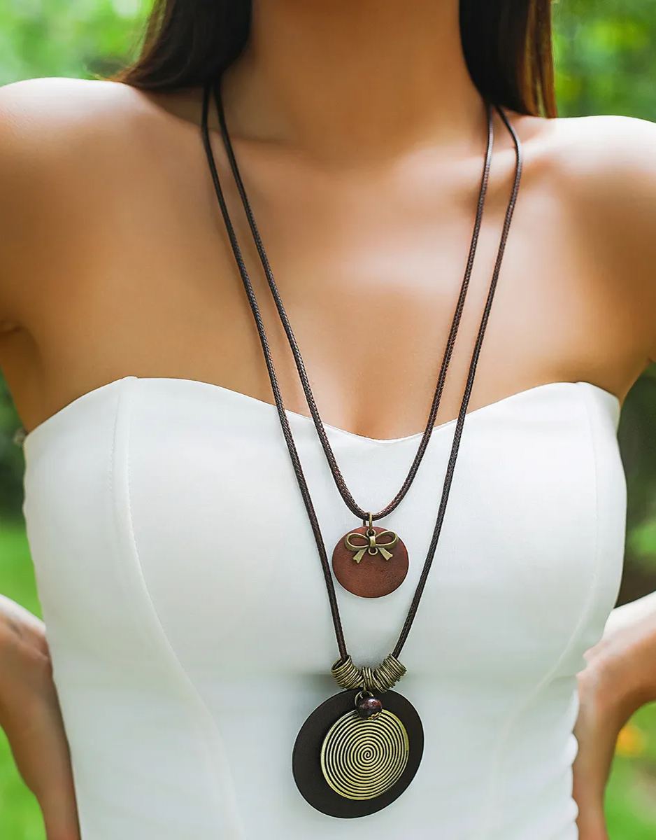 Wooden Disc Beaded Long Necklace