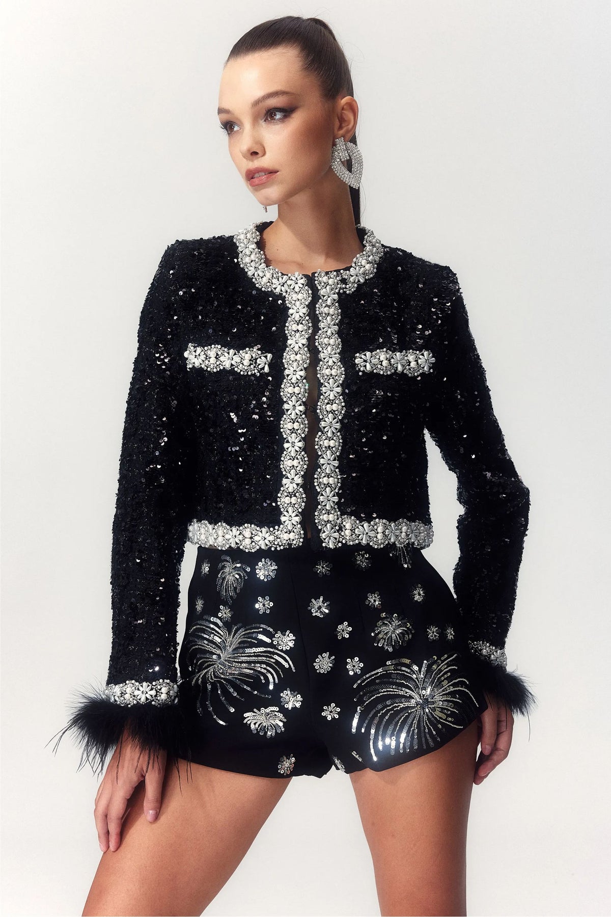 Celeste Feather Trim Sequin Cardigan