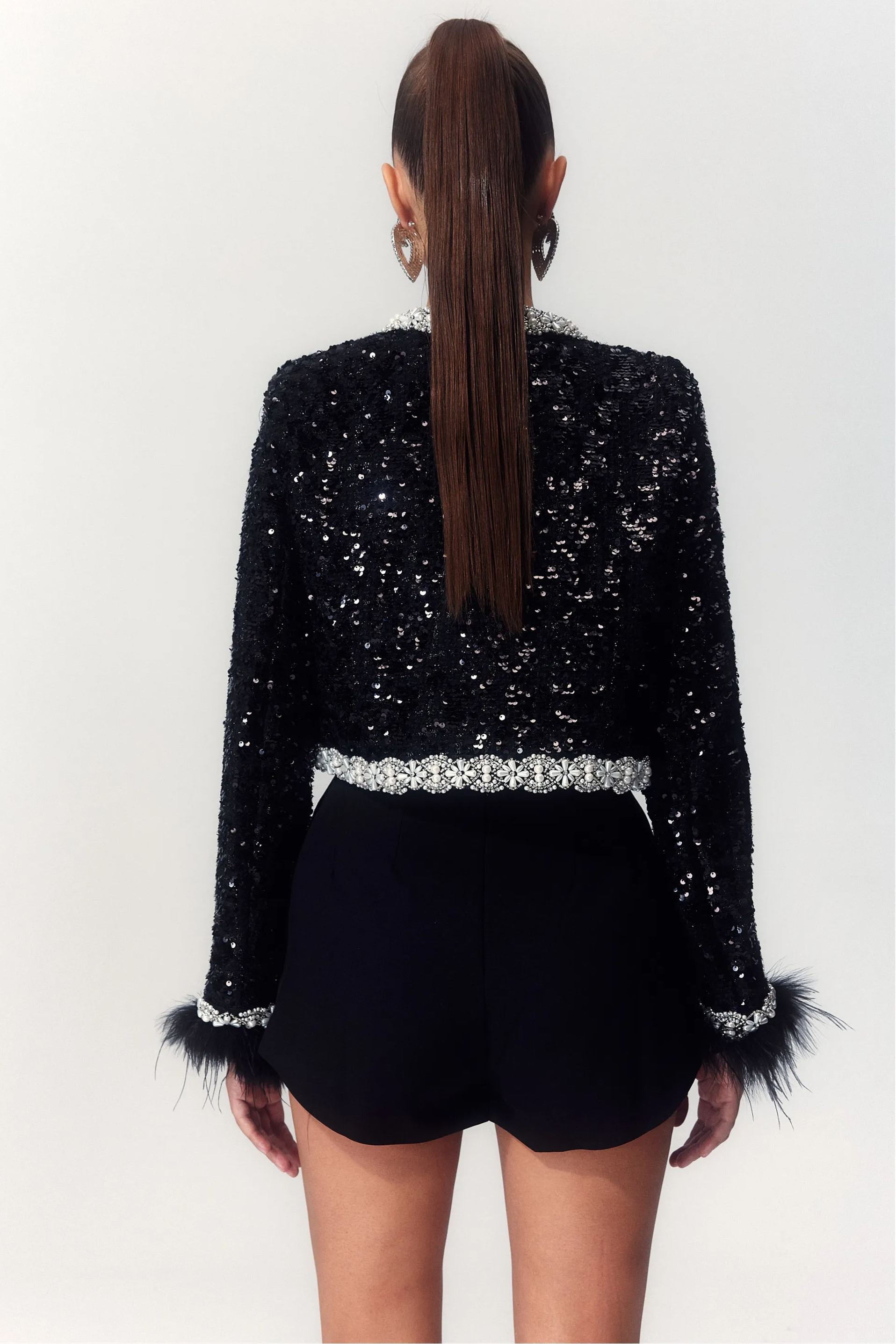 Celeste Feather Trim Sequin Cardigan