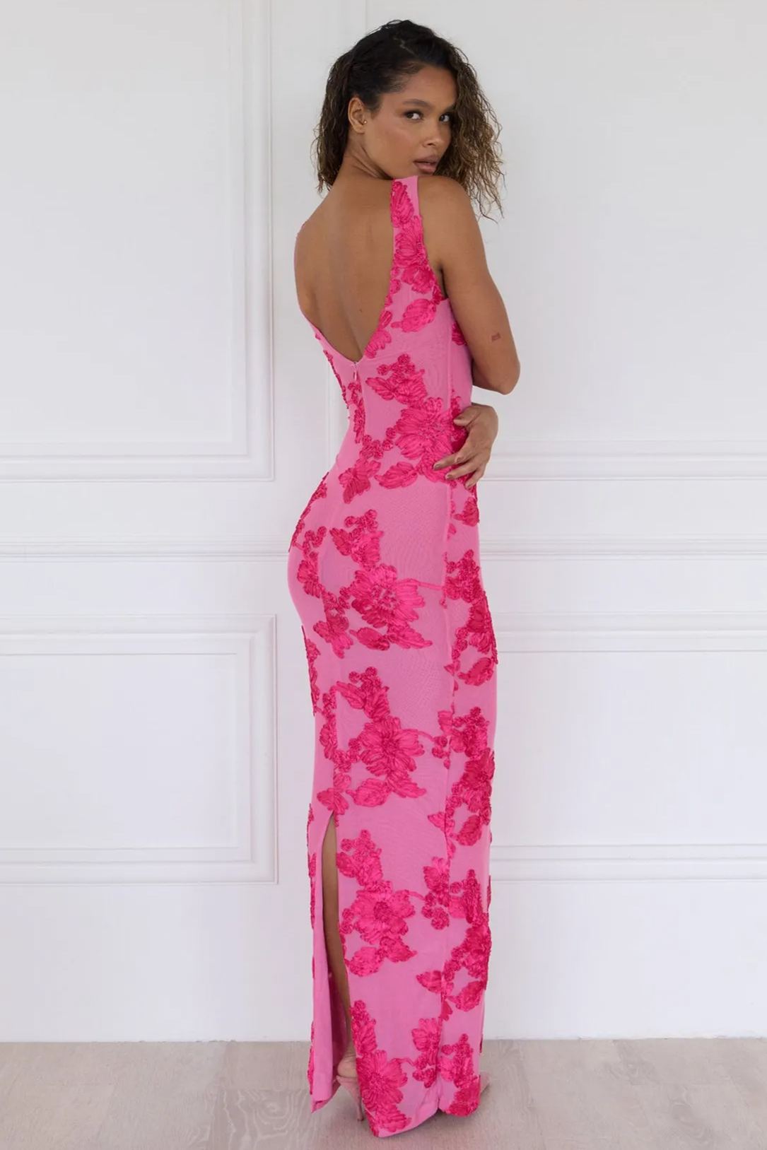 Barbara Floral Appliqué Mesh Maxi Dress