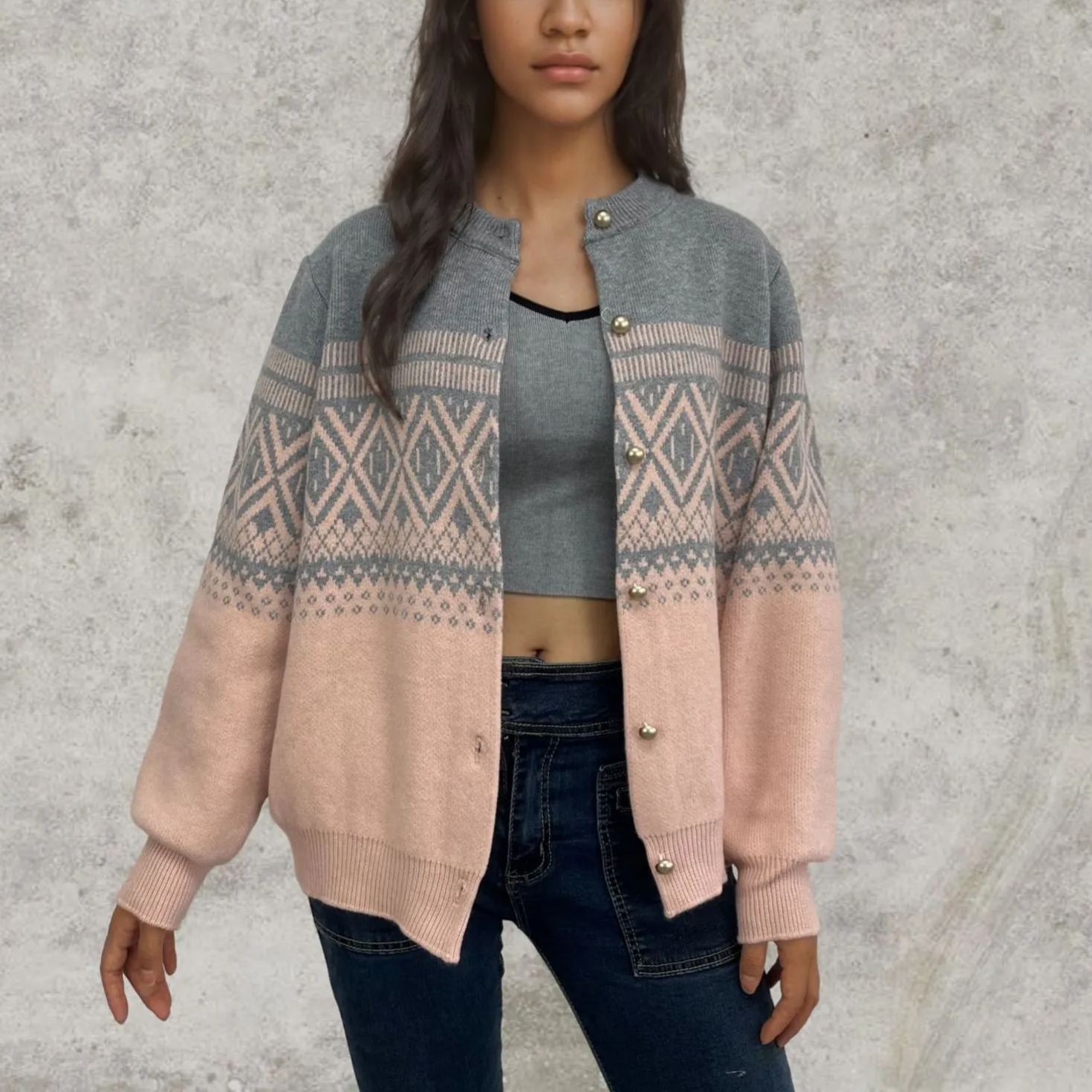 Color Contrast Geometric Pattern Cardigan