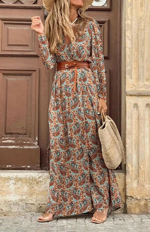 Women’s V-Neck Long-Sleeved Printed Long Dress with Belt – Elegant and Stylish