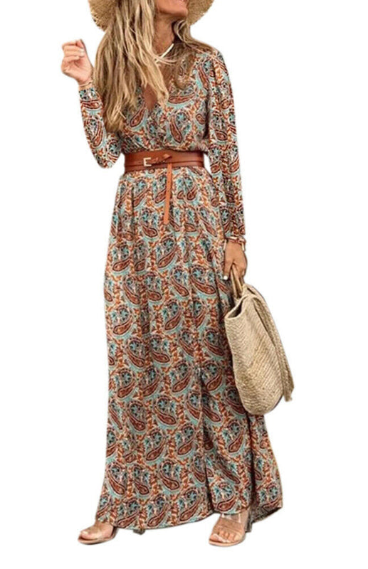 Women’s V-Neck Long-Sleeved Printed Long Dress with Belt – Elegant and Stylish