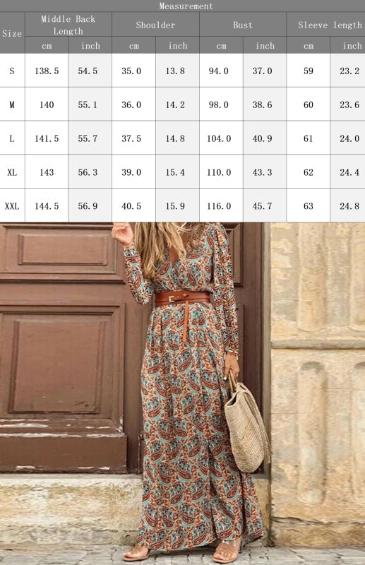 Women’s V-Neck Long-Sleeved Printed Long Dress with Belt – Elegant and Stylish