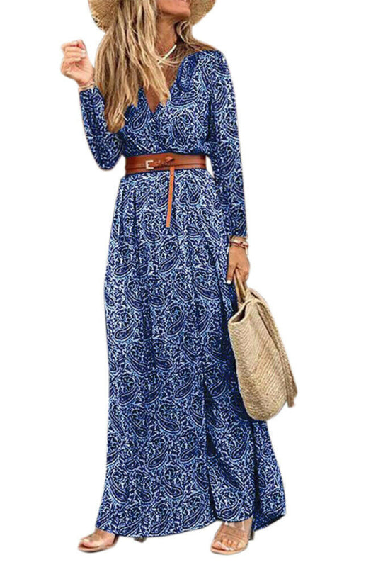 Women’s V-Neck Long-Sleeved Printed Long Dress with Belt – Elegant and Stylish