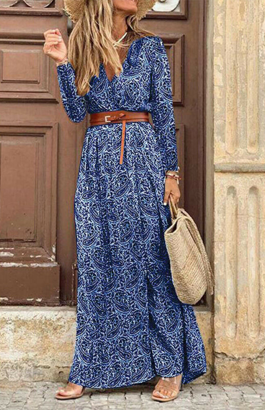 Women’s V-Neck Long-Sleeved Printed Long Dress with Belt – Elegant and Stylish