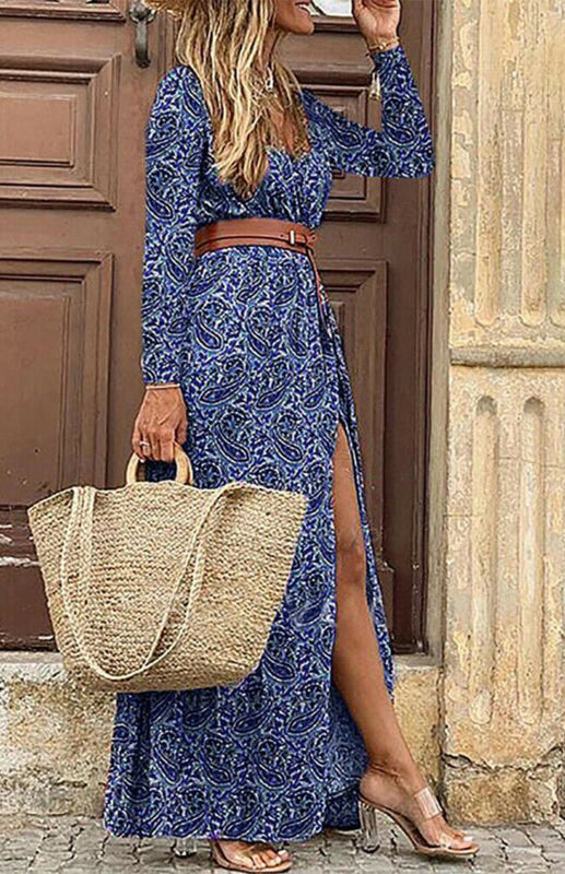 Women’s V-Neck Long-Sleeved Printed Long Dress with Belt – Elegant and Stylish