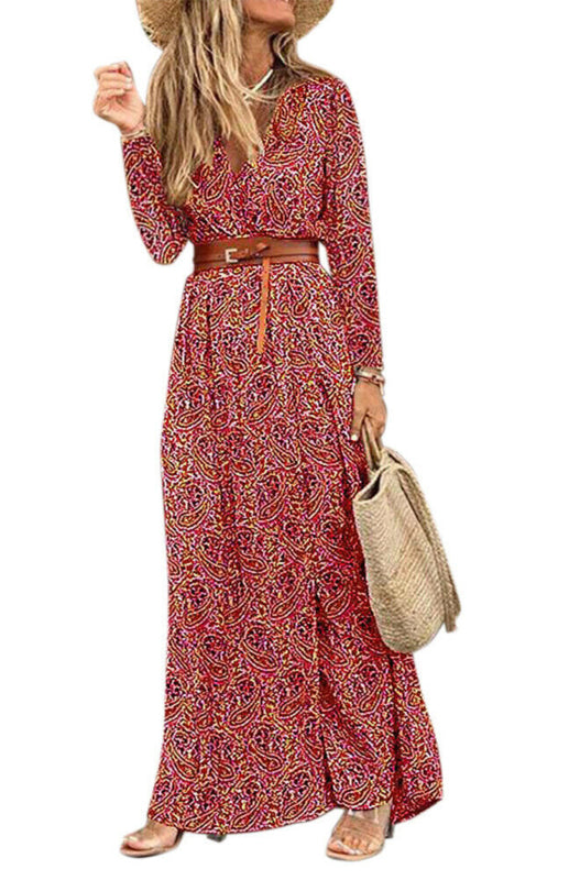 Women’s V-Neck Long-Sleeved Printed Long Dress with Belt – Elegant and Stylish