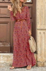 Women’s V-Neck Long-Sleeved Printed Long Dress with Belt – Elegant and Stylish