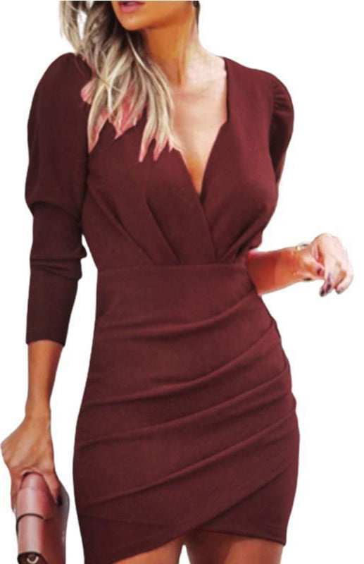 V-Neck Pleated Slit Bubble Long-Sleeved Slim Cocktail Dress