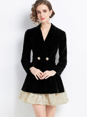 Women’s puffy dress long sleeve suit collar splicing velvet dress