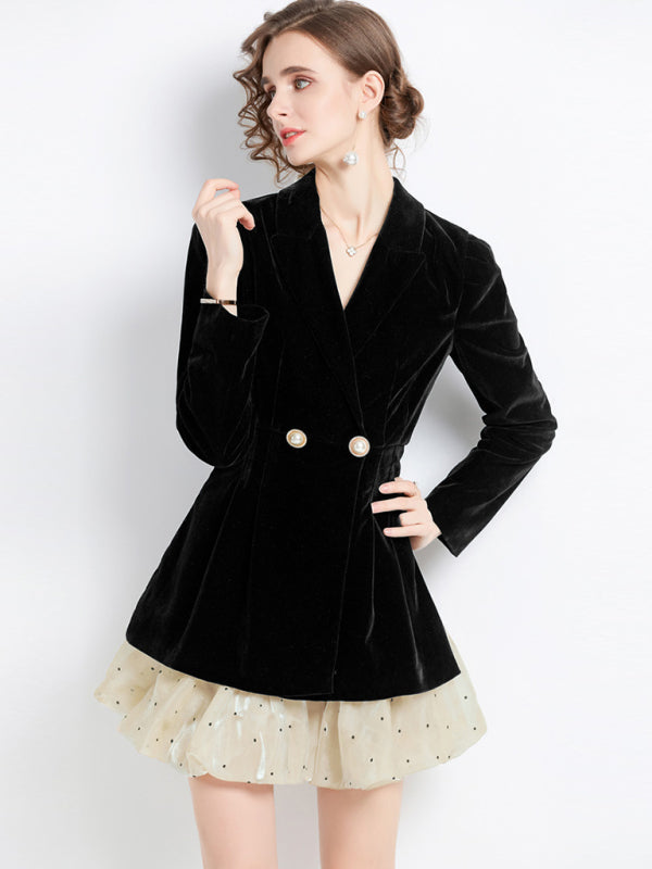 Women’s puffy dress long sleeve suit collar splicing velvet dress