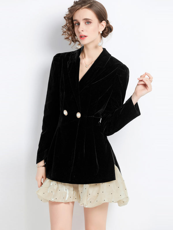 Women’s puffy dress long sleeve suit collar splicing velvet dress