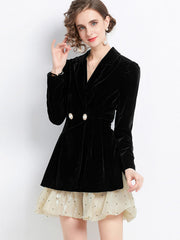 Women’s puffy dress long sleeve suit collar splicing velvet dress