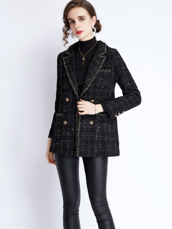 Women’s small fragrant wind long sleeve tweed tartan jacket