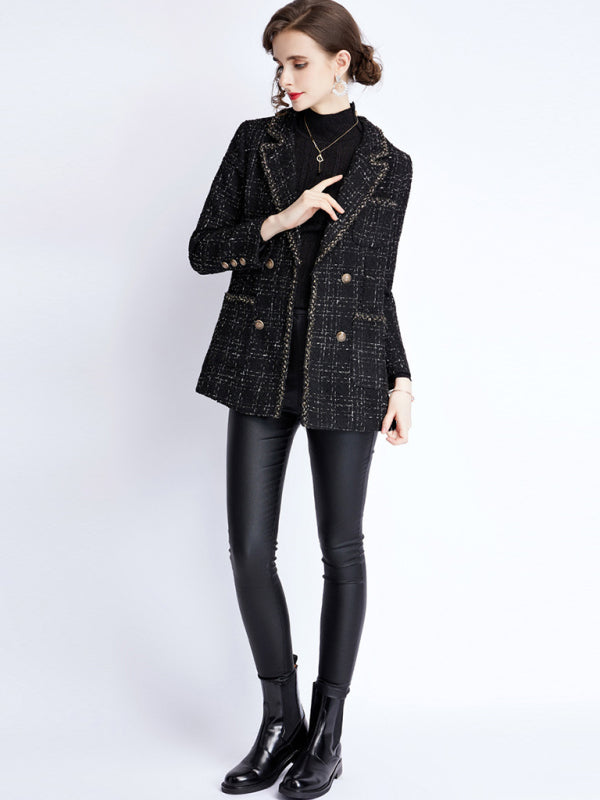 Women’s small fragrant wind long sleeve tweed tartan jacket