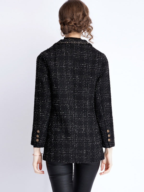 Women’s small fragrant wind long sleeve tweed tartan jacket