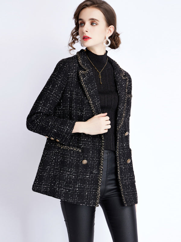 Women’s small fragrant wind long sleeve tweed tartan jacket