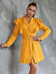 Women’s casual waist tie ruffle long sleeve suit dress