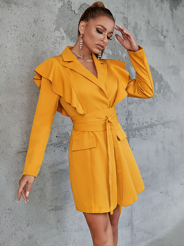 Women’s casual waist tie ruffle long sleeve suit dress