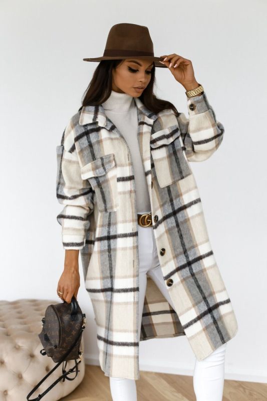 Spring and autumn new women’s long-sleeved plaid print mid-length shirt coat