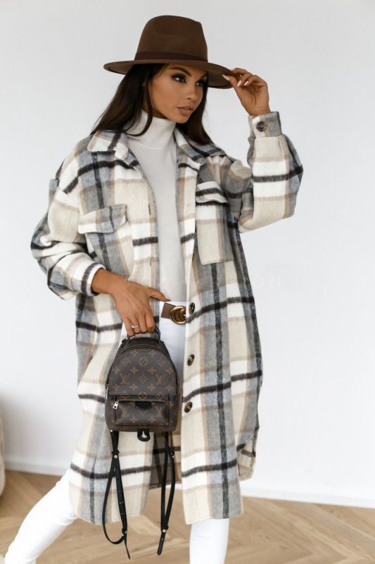 Spring and autumn new women’s long-sleeved plaid print mid-length shirt coat