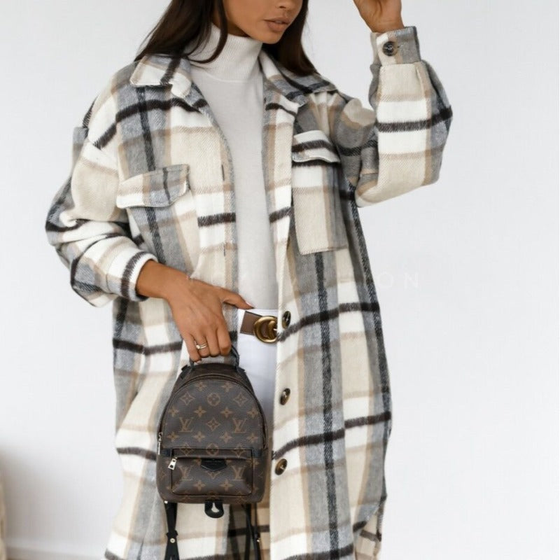 Spring and autumn new women’s long-sleeved plaid print mid-length shirt coat