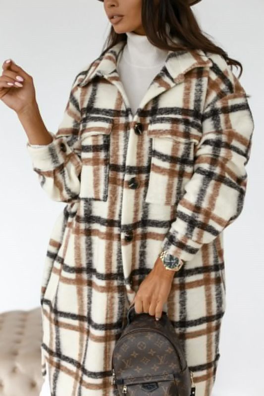 Spring and autumn new women’s long-sleeved plaid print mid-length shirt coat