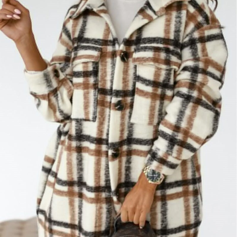 Spring and autumn new women’s long-sleeved plaid print mid-length shirt coat