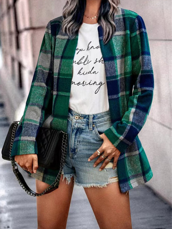 Loose Plaid Printed Long Sleeve Pocket Wool Jacket Cardigan